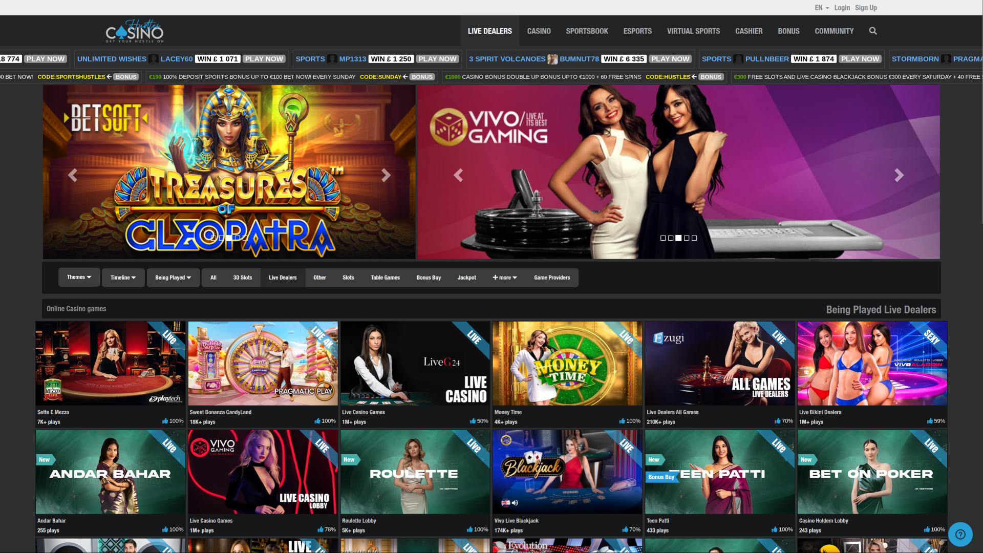 Hustles Casino sur ordinateur avec croupier en direct