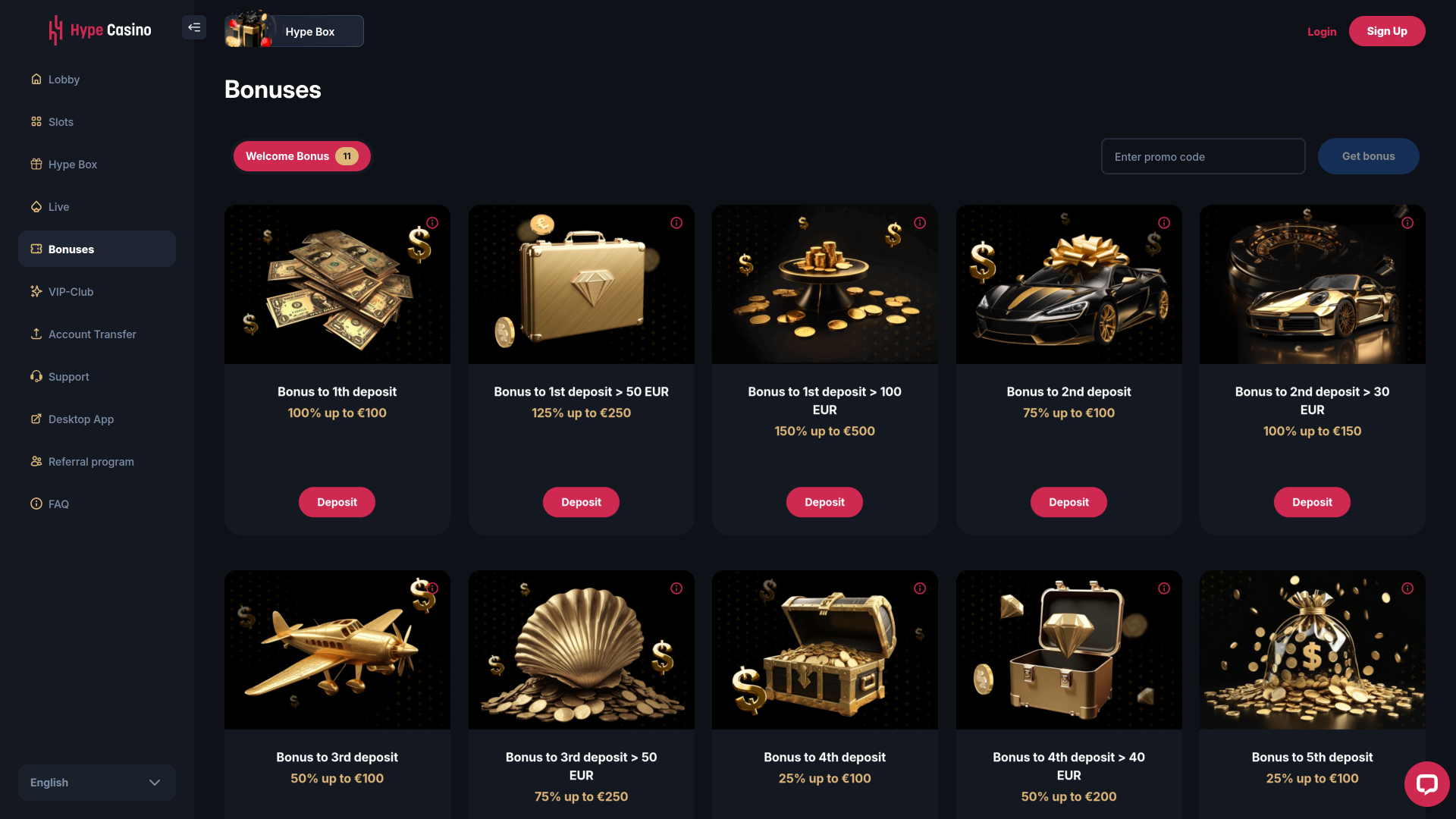Page d'accueil de Hype Casino (version ordinateur)