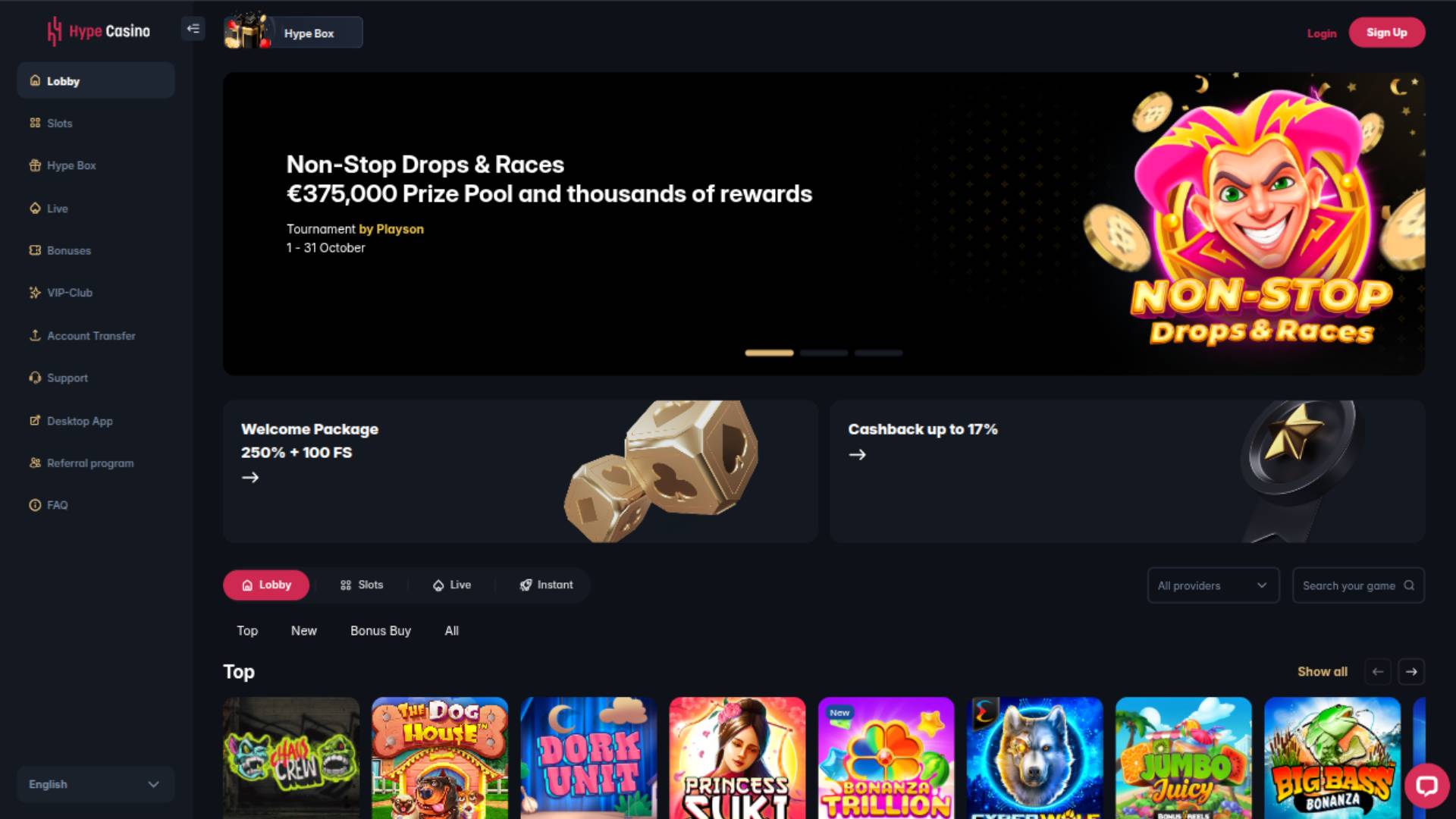 Скриншот главной страницы Hype Casino