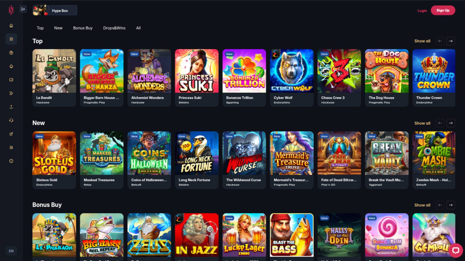 Скриншот страницы игр Hype Casino