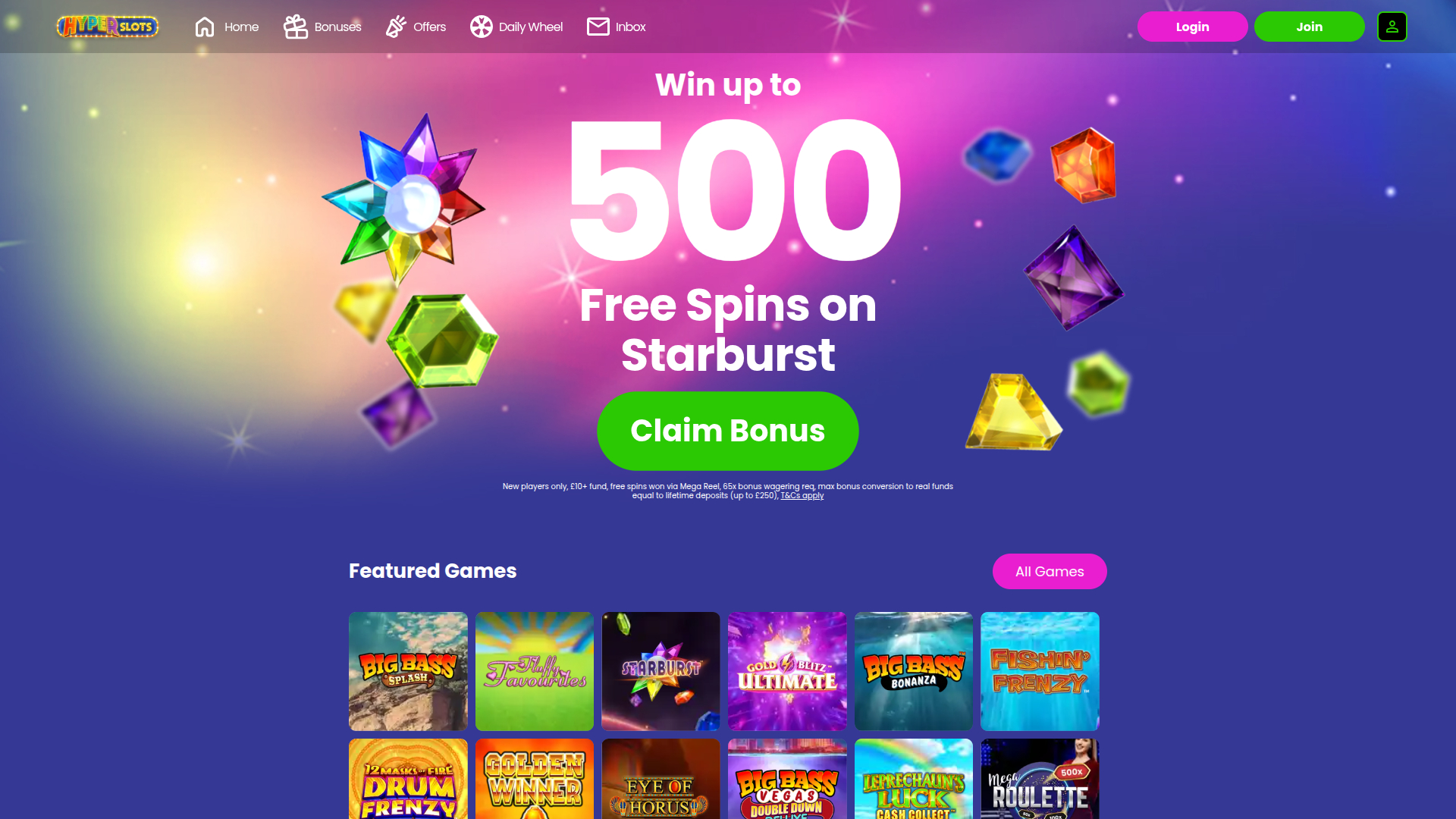 Homepage desktop di Hyper Slots Casino