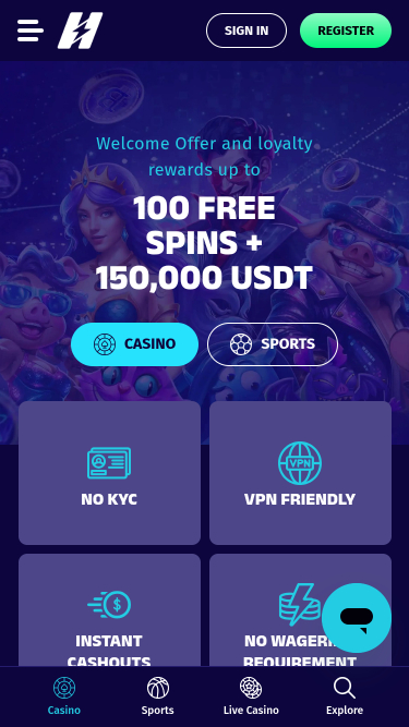 Pagina iniziale mobile di Hyper Lucky Casino