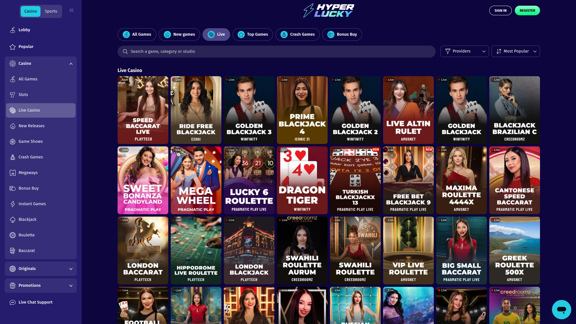 Casinò Hyper Lucky con croupier dal vivo su desktop