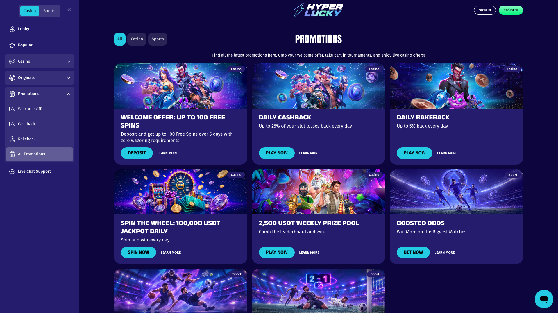 Promozioni desktop di Hyper Lucky Casino