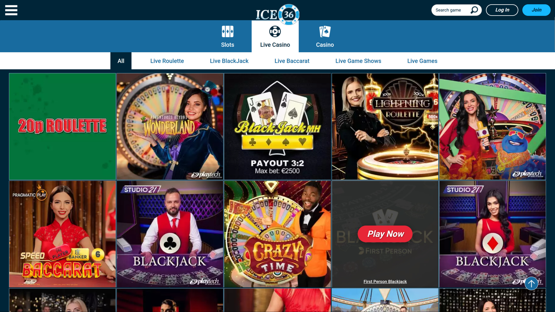 Casino Ice36 pour ordinateur avec croupier en direct
