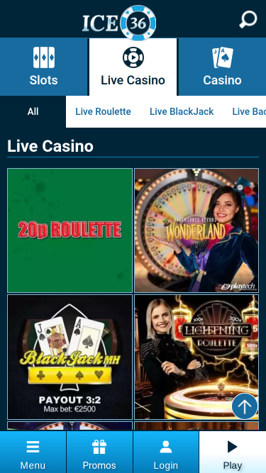 Casino mobile Ice36 avec croupier en direct