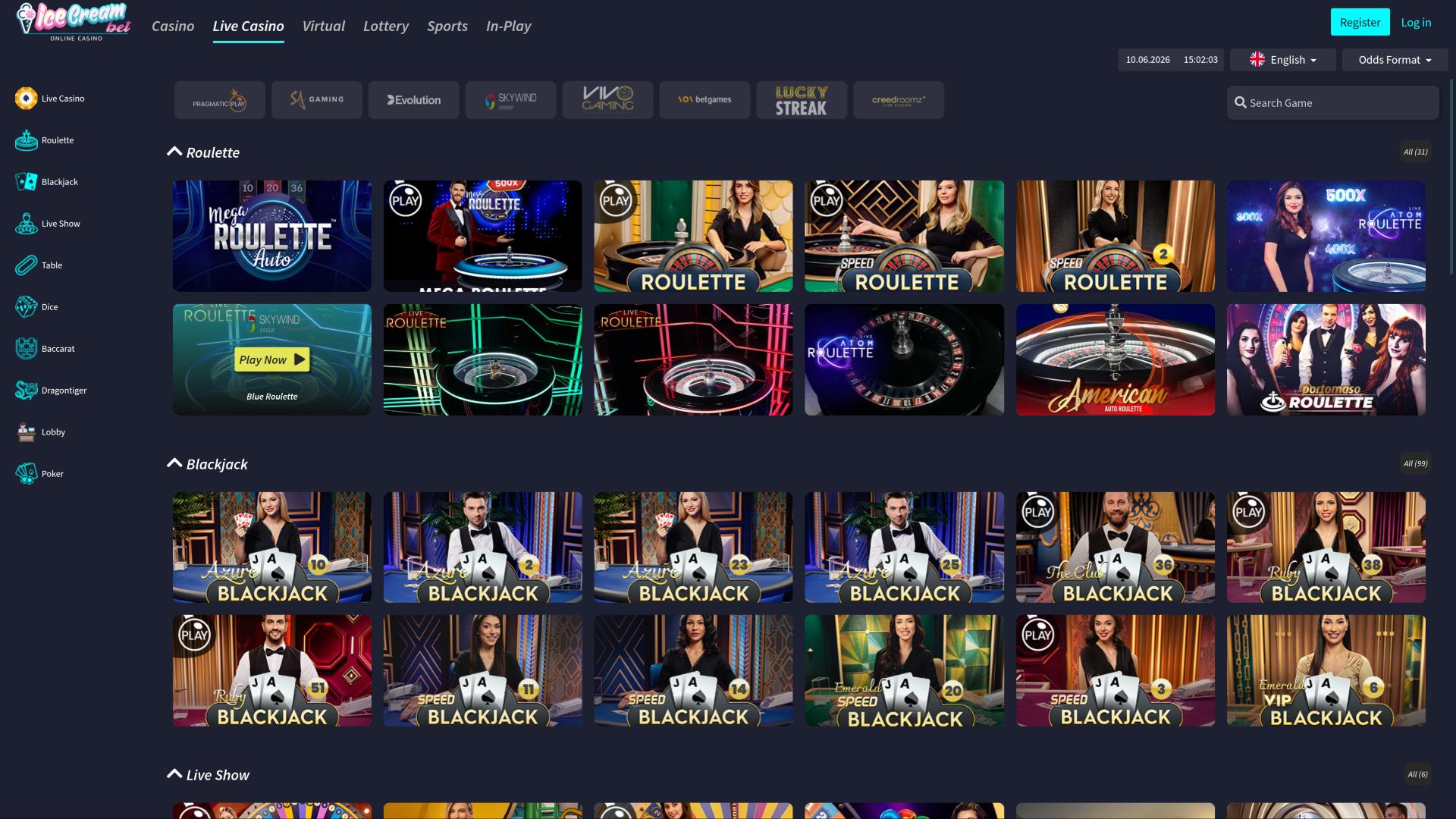 Страница казино IceCreamBet с живыми дилерами