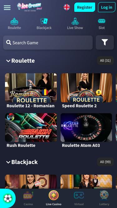 Мобильная страница казино IceCreamBet с живыми дилерами