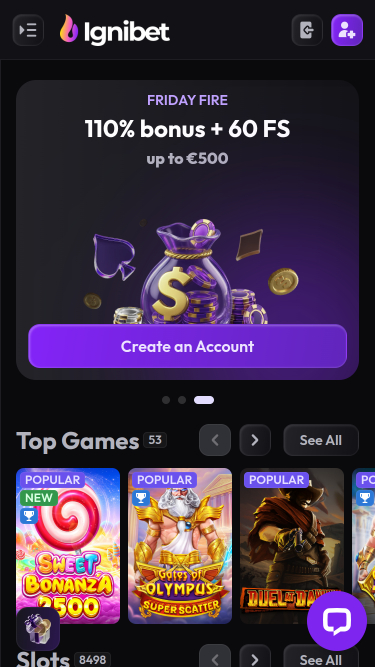 Page d'accueil mobile du casino Ignibet