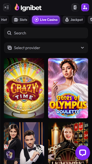Casino Ignibet avec croupiers en direct sur mobile