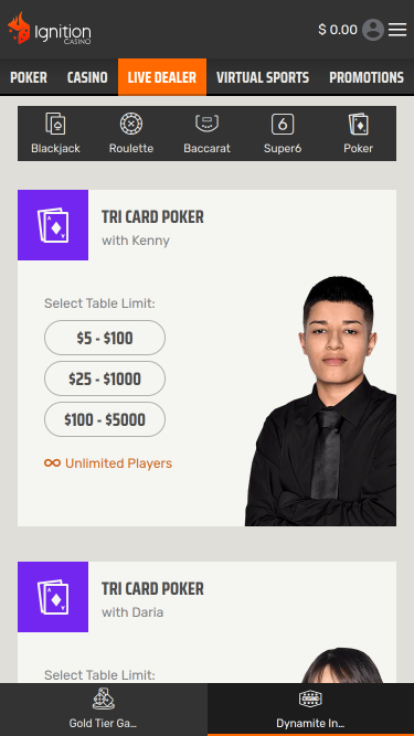 Casino mobile Ignition avec croupier en direct