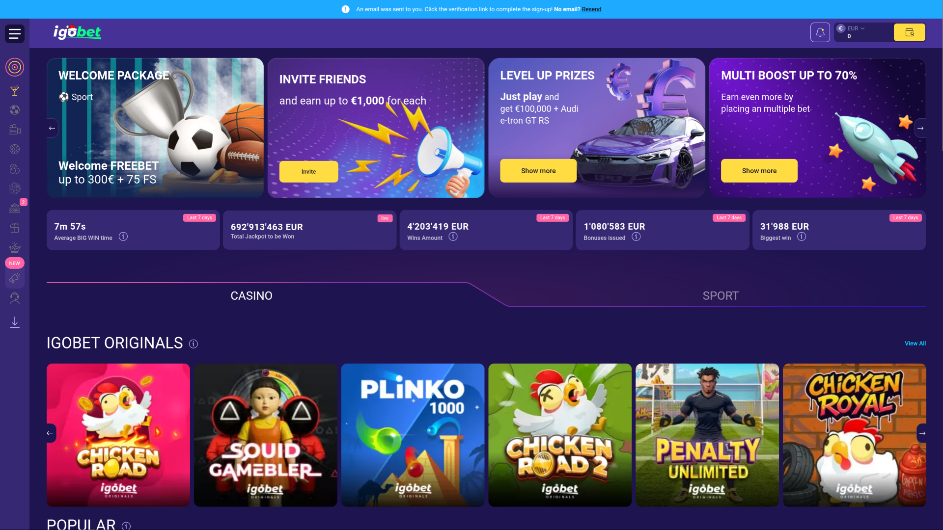 Página de inicio de IgoBet Casino Desktop