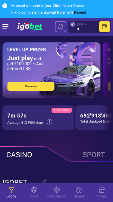 Página de inicio de IgoBet Casino para móviles