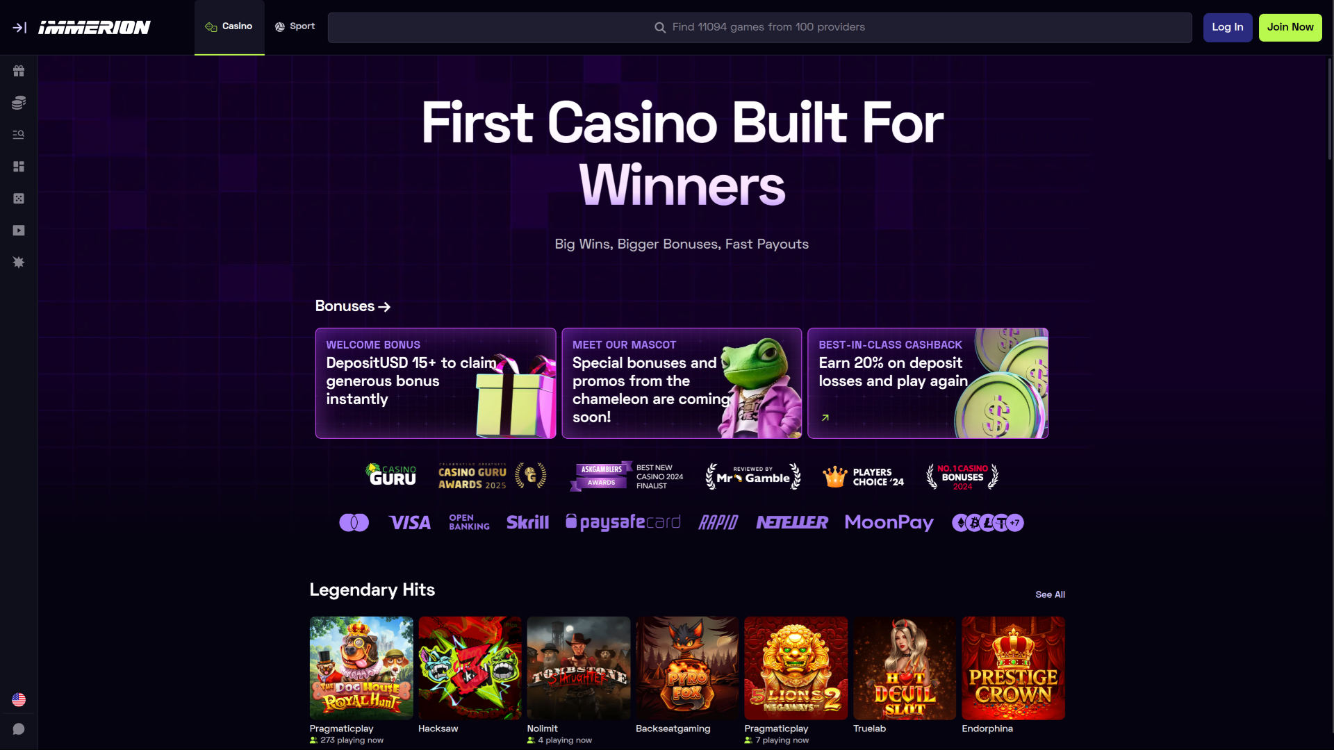 Página de inicio de escritorio del Casino Immerion