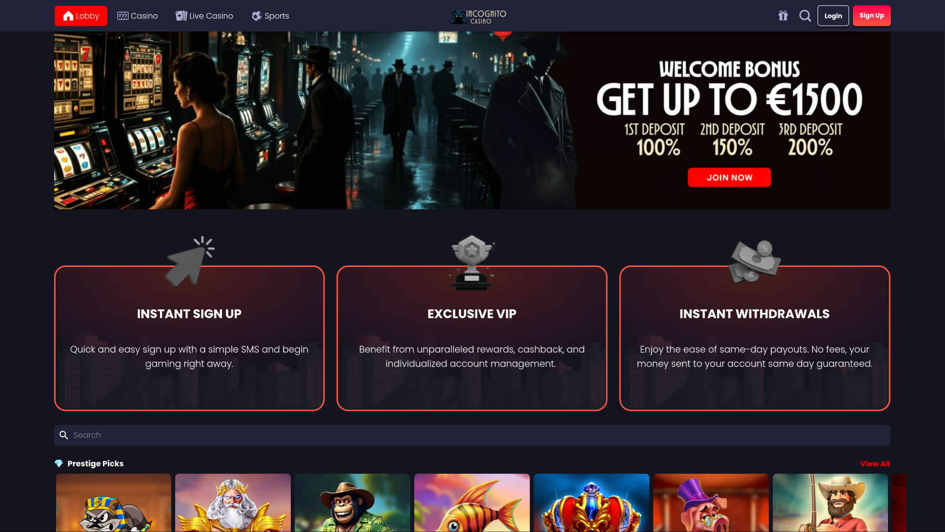 Incognito Casino Desktop Homepage