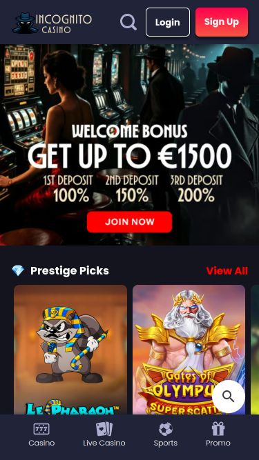 Incognito Casino Mobile Homepage