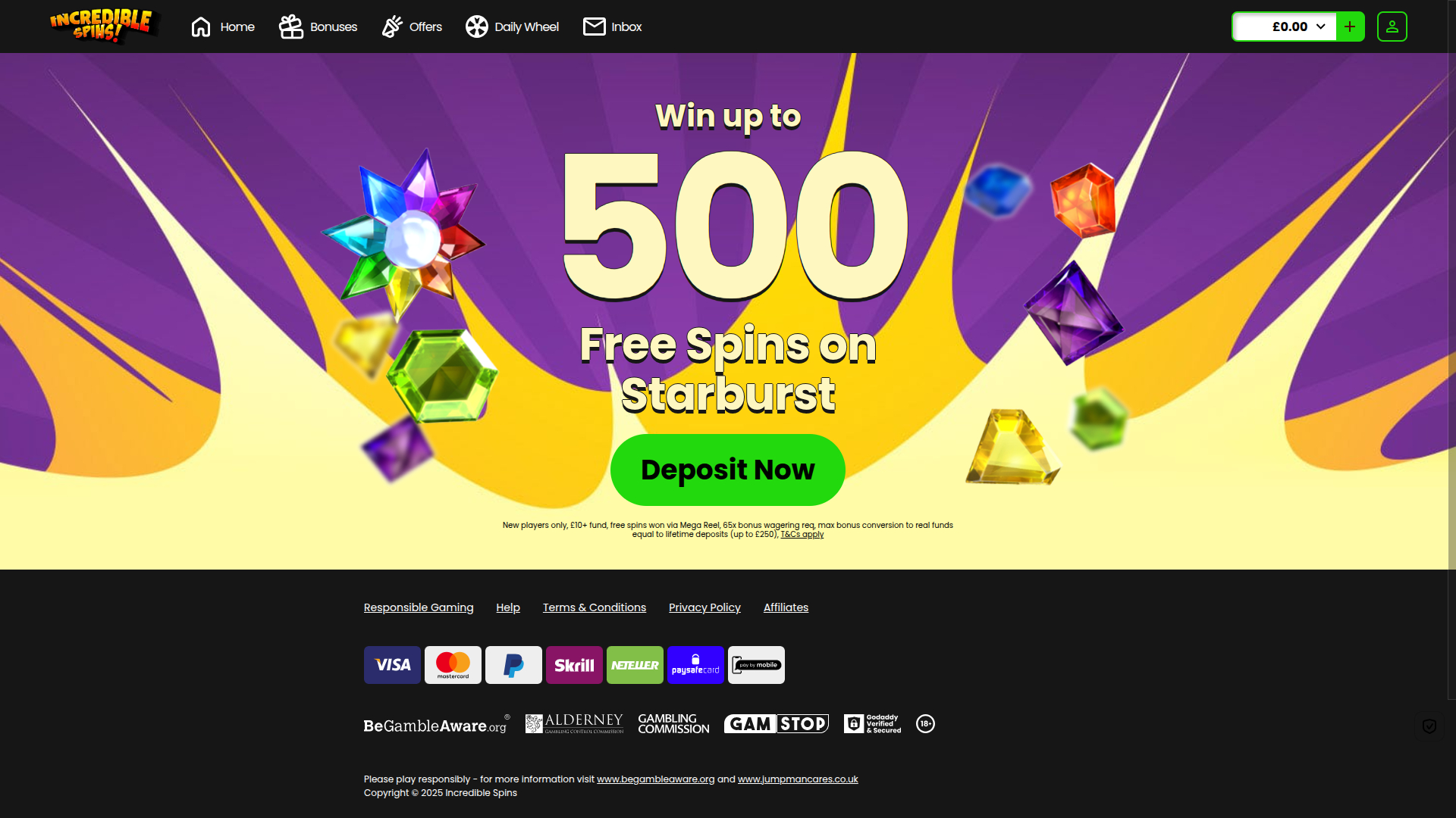 Домашняя страница казино Incredible Spins для ПК