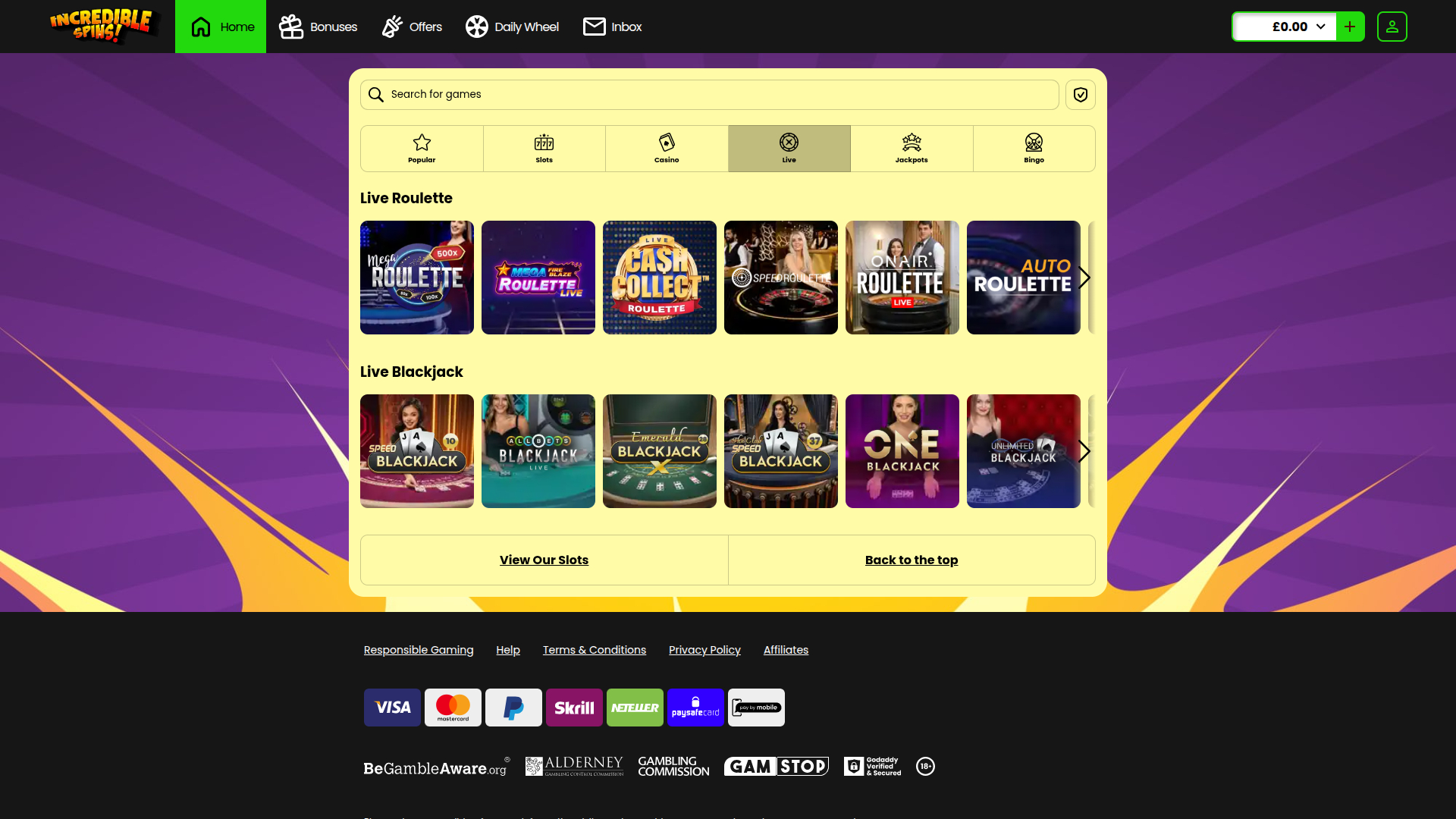 Incredible Spins Casino Desktop Live Dealer