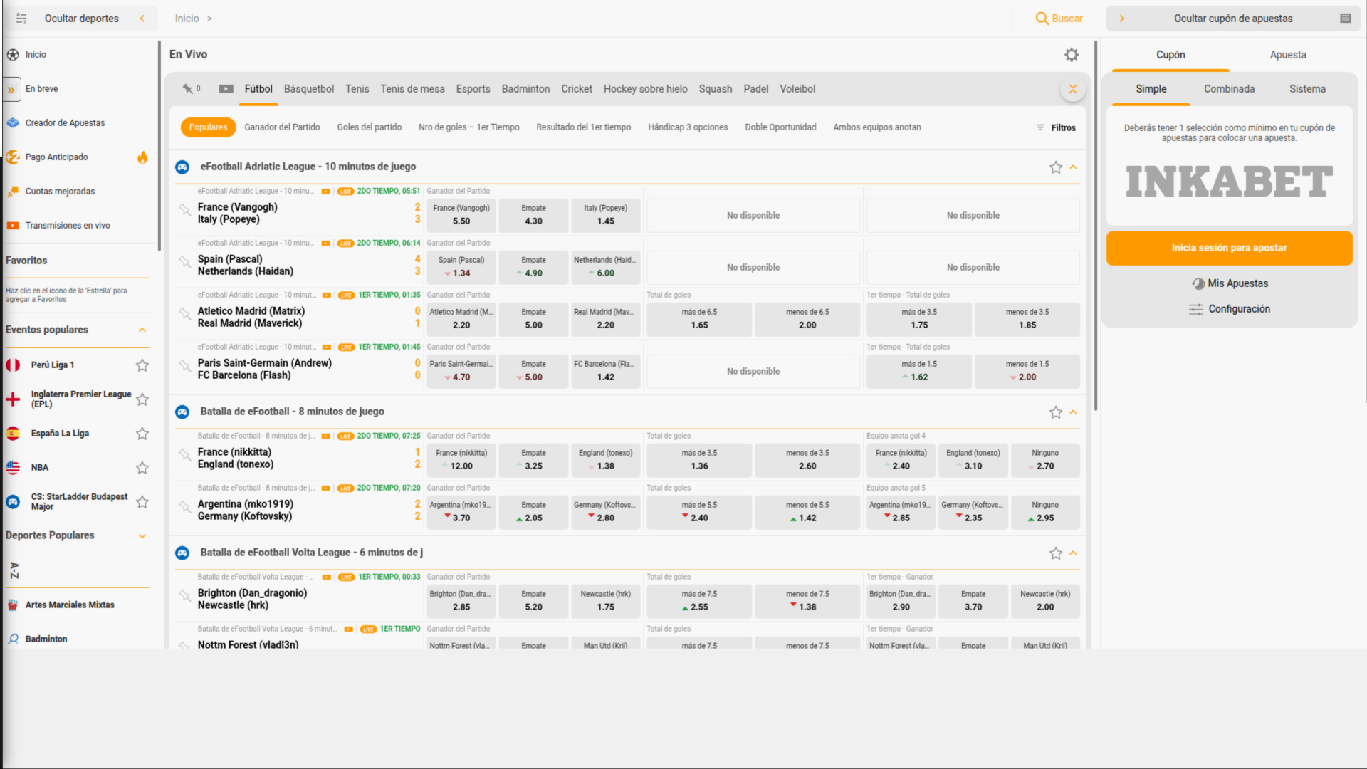 Casino intégré sur ordinateur de bureau Sports en direct