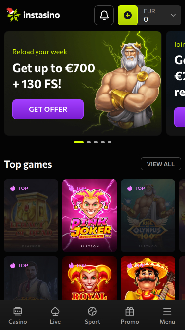 Instasino Casino Mobile Homepage