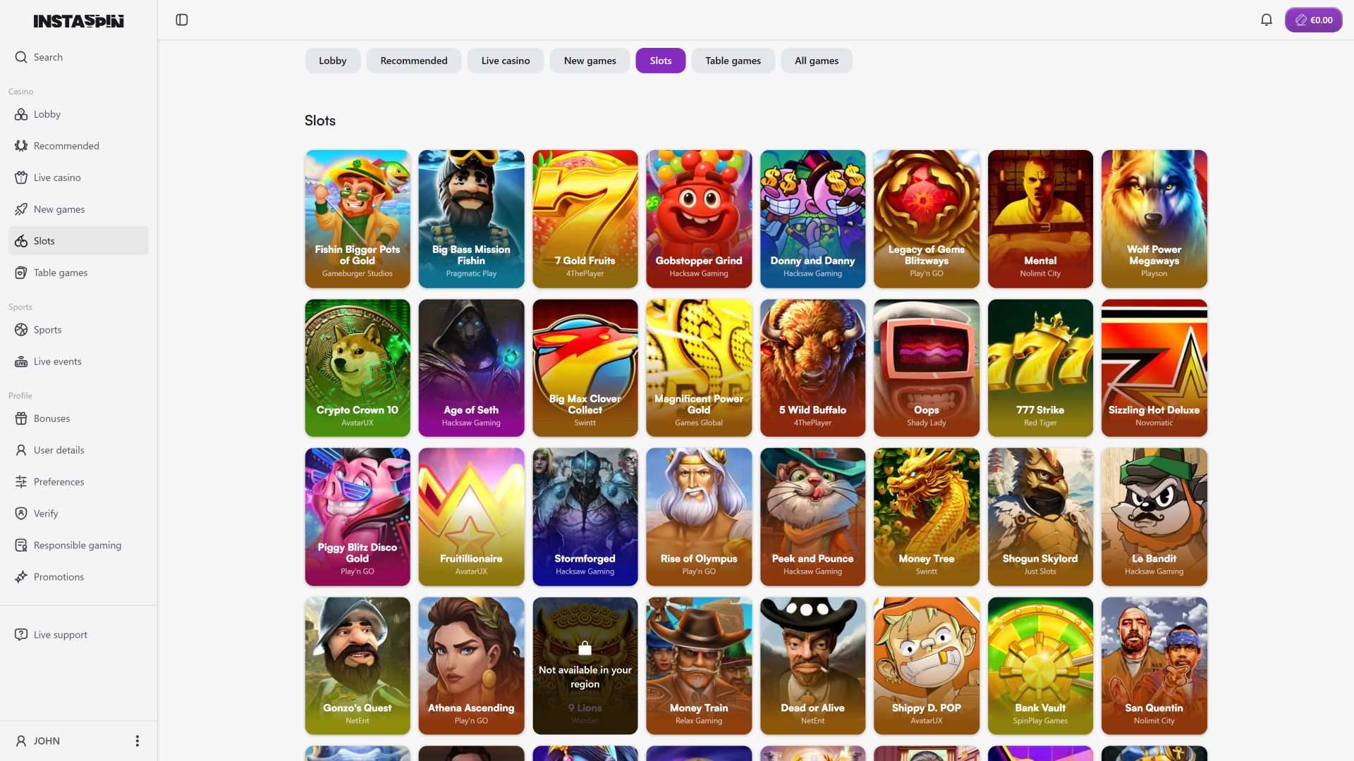 Jeux de casino Instaspin pour ordinateur