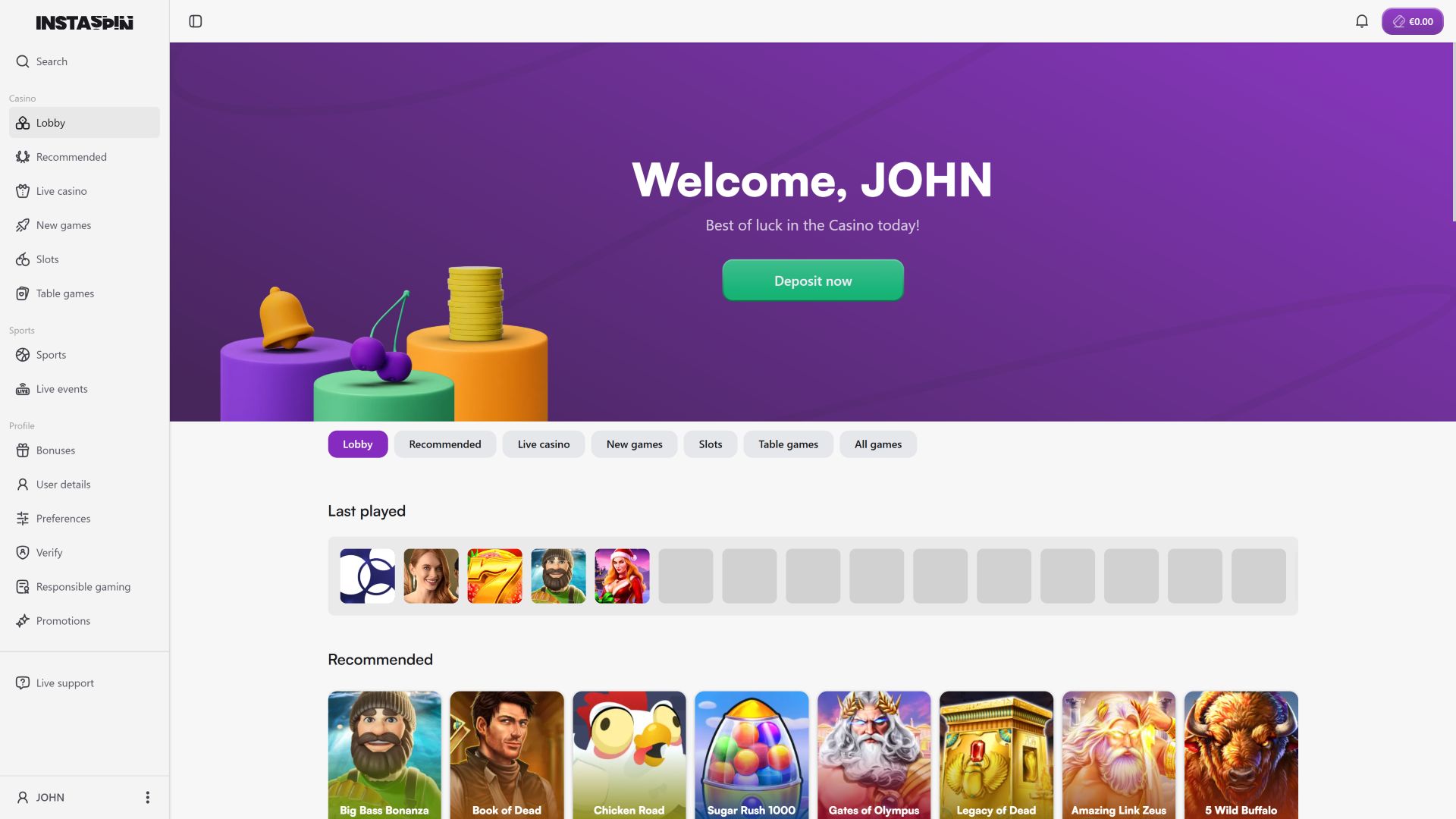 Page d'accueil du casino Instaspin pour ordinateur