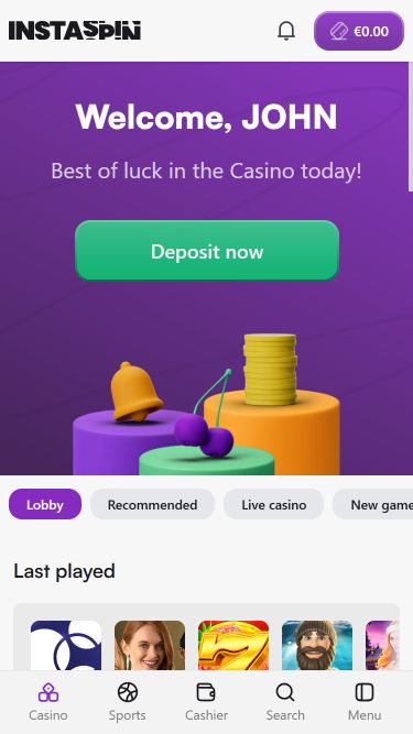 Page d'accueil mobile du casino Instaspin
