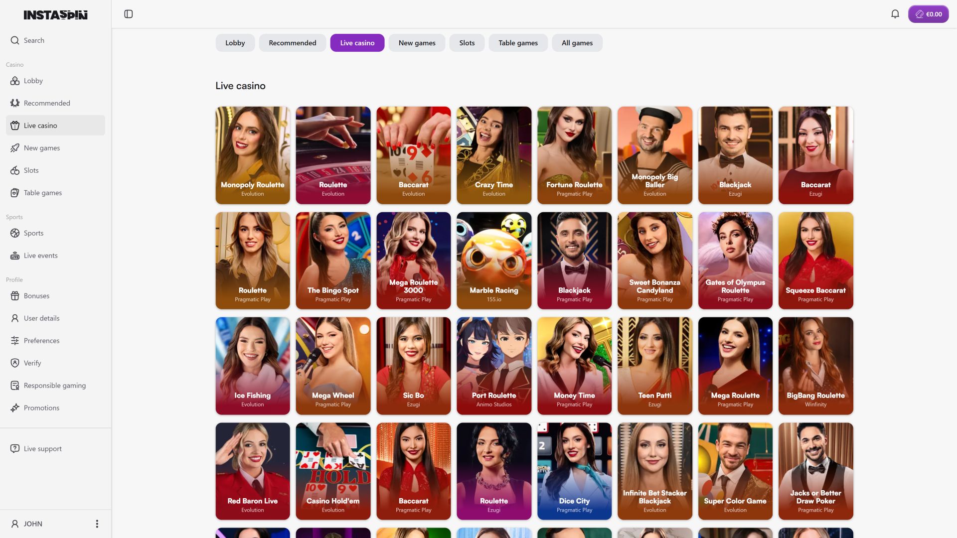Croupier en Direct sur Ordinateur de Instaspin Casino