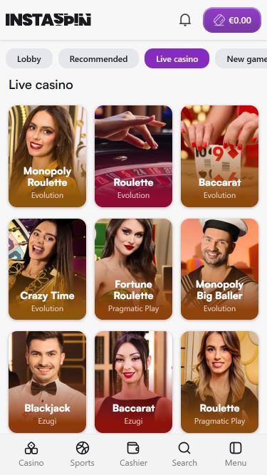 Croupier en Direct Mobile de Instaspin Casino