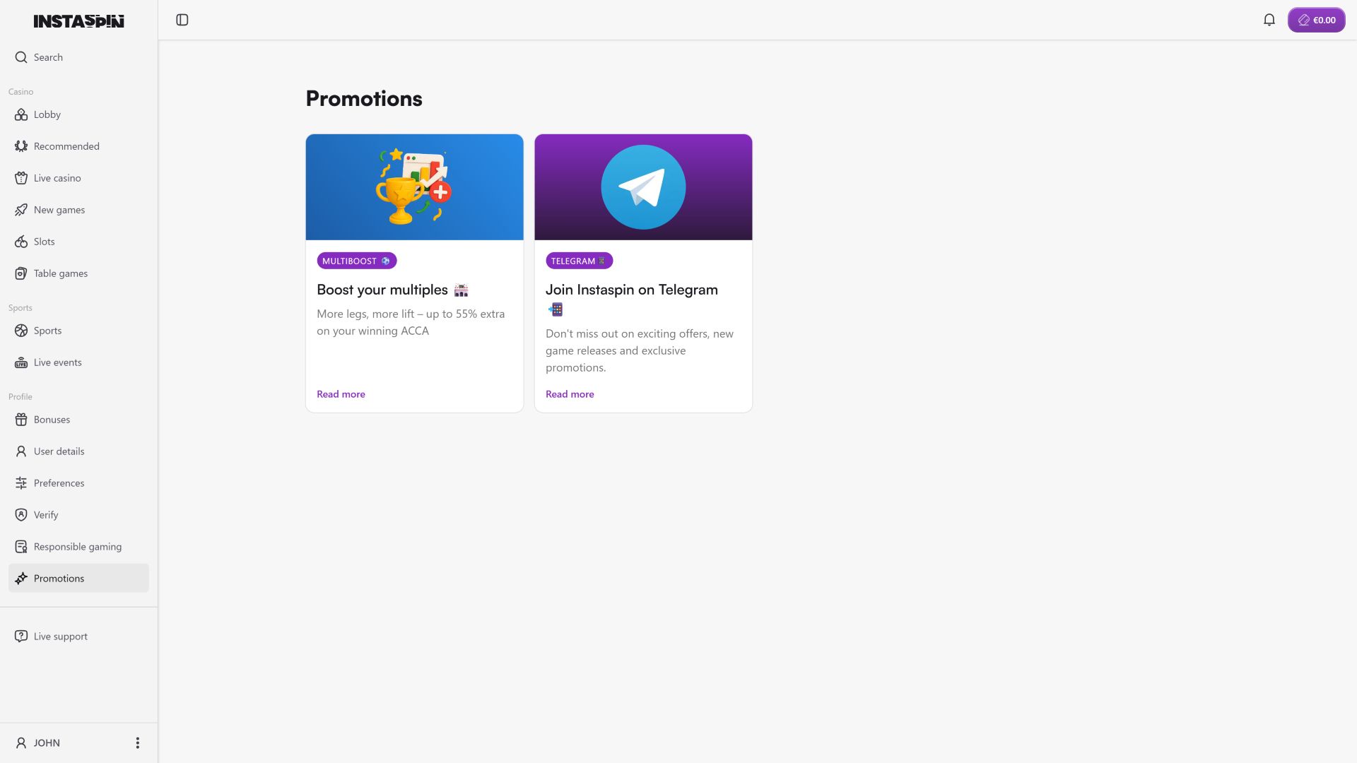 Promotions Instaspin Casino sur ordinateur