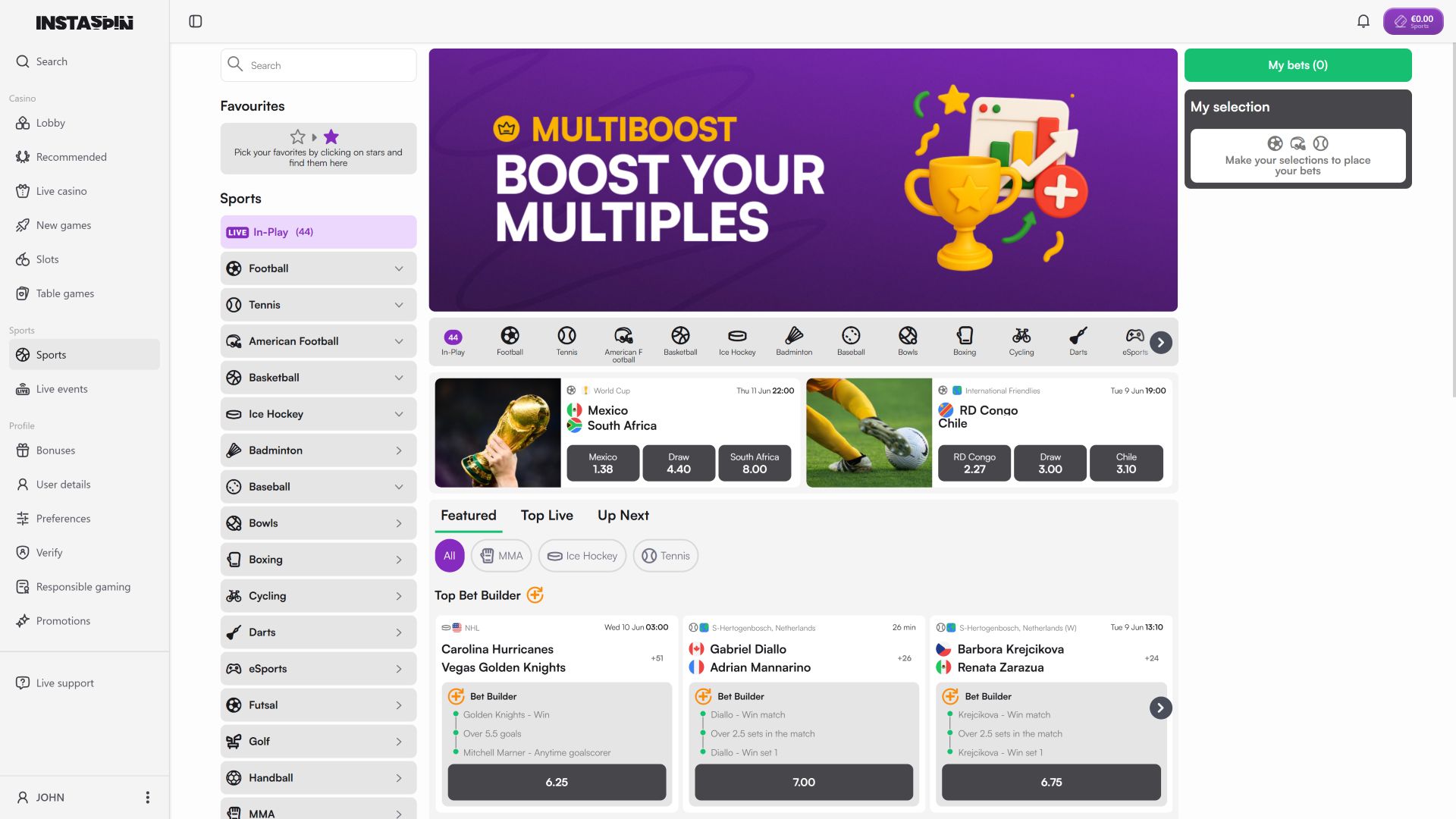 Sports sur Ordinateur de Instaspin Casino