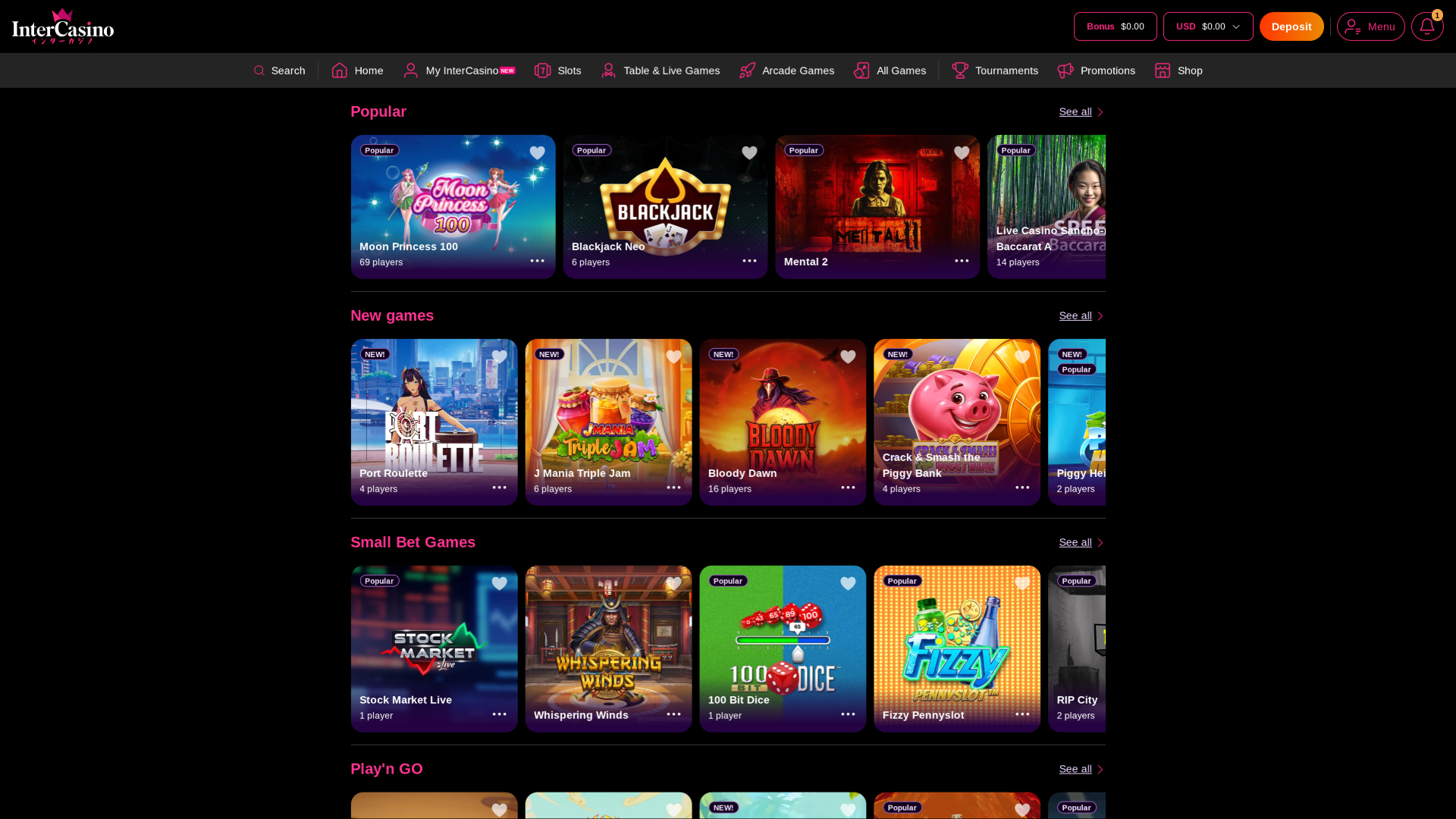 Inter Casino Desktop Homepage