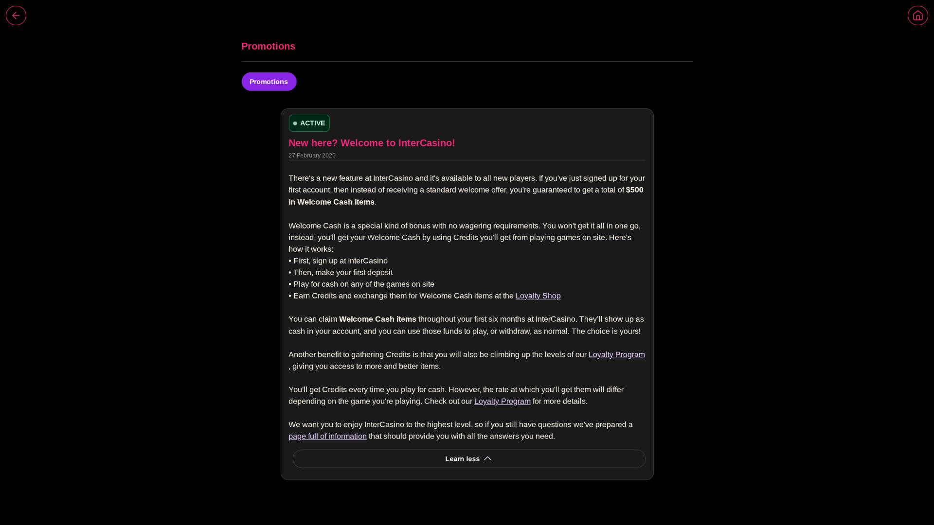 Inter Casino Desktop Promotions