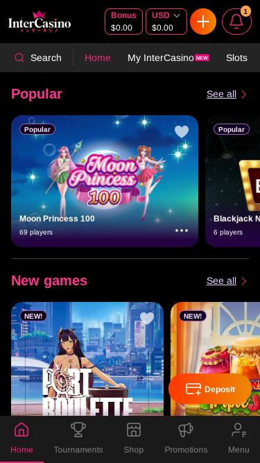 Inter Casino Mobile Homepage