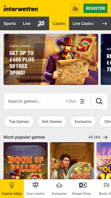 Page d'accueil mobile du casino Interwetten