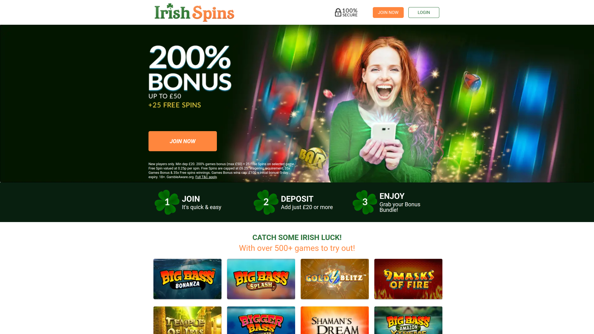 Página de inicio de Irish Spins Casino para escritorio