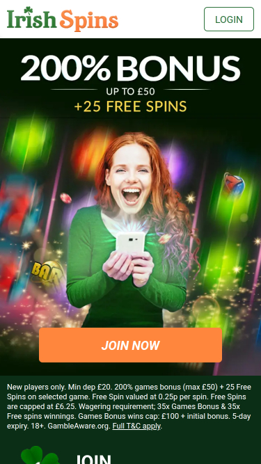 Página de inicio móvil de Irish Spins Casino
