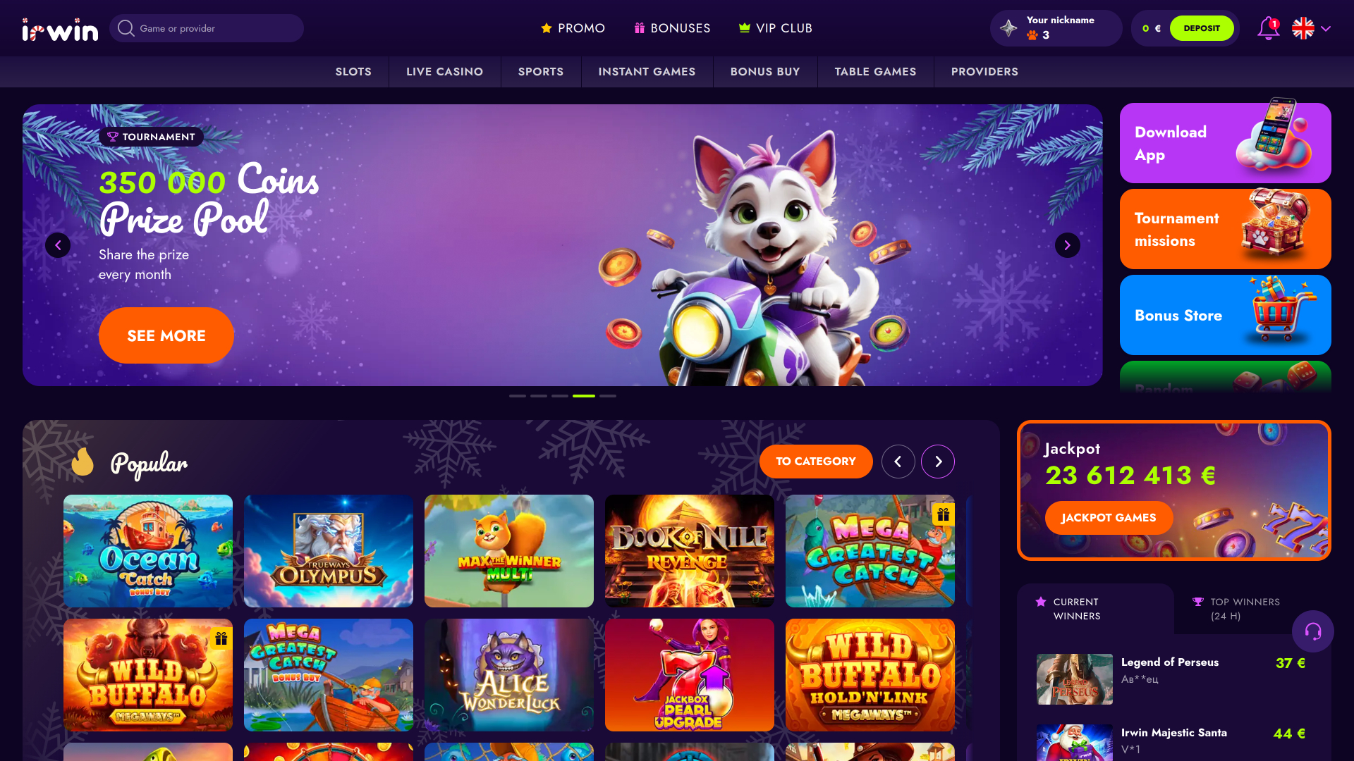 Homepage desktop di Irwin Casino
