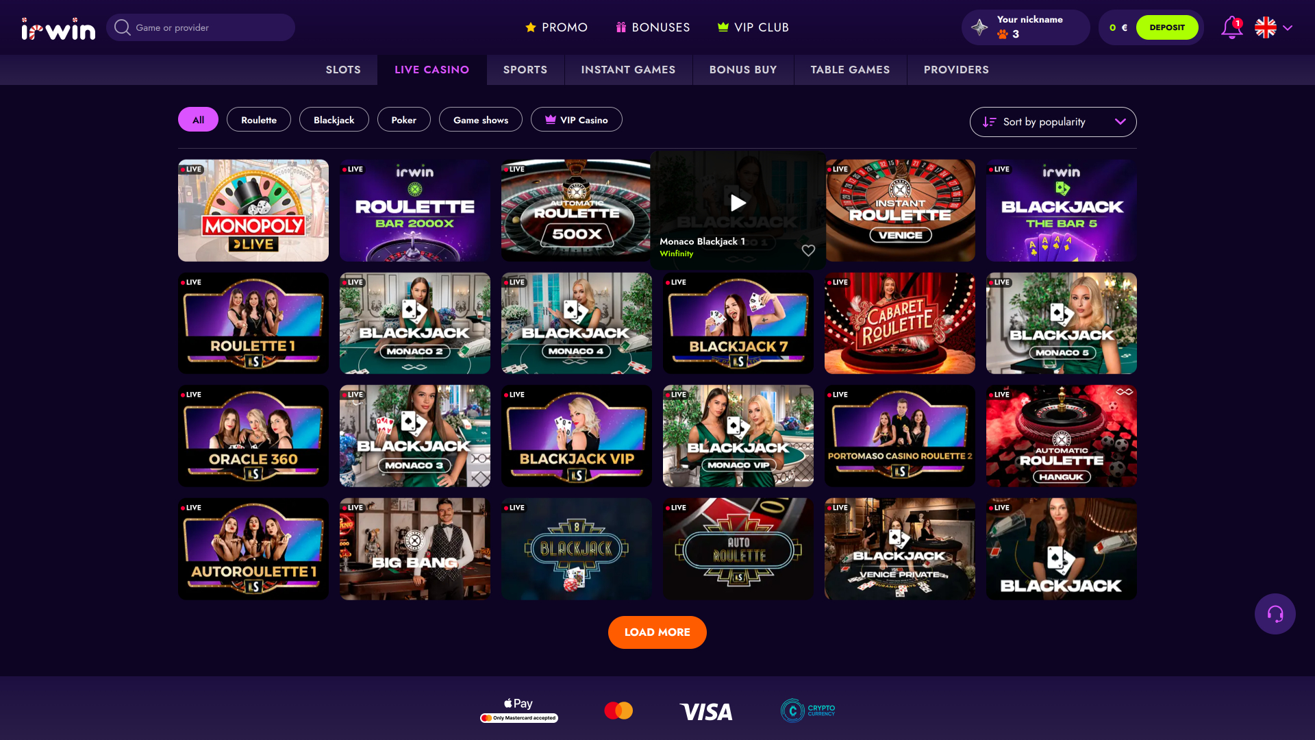 Irwin Casino Desktop croupier dal vivo