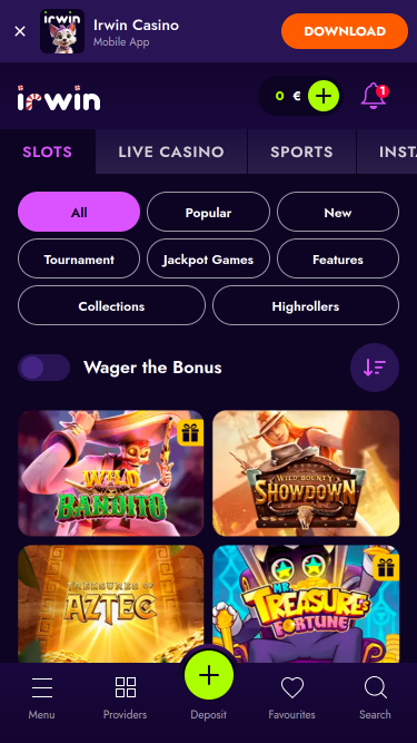 Giochi per dispositivi mobili di Irwin Casino