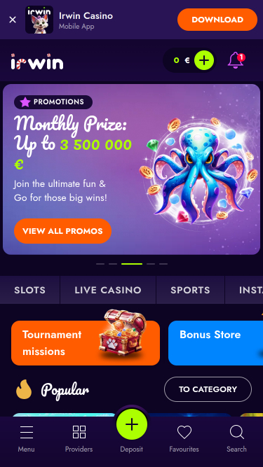 Homepage mobile di Irwin Casino