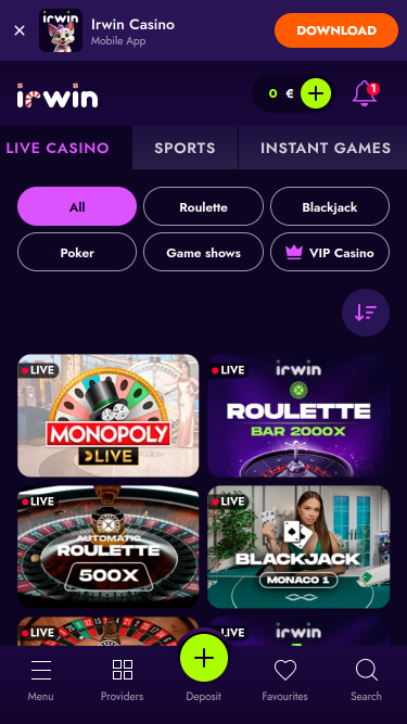 Irwin Casino Mobile Live Dealer