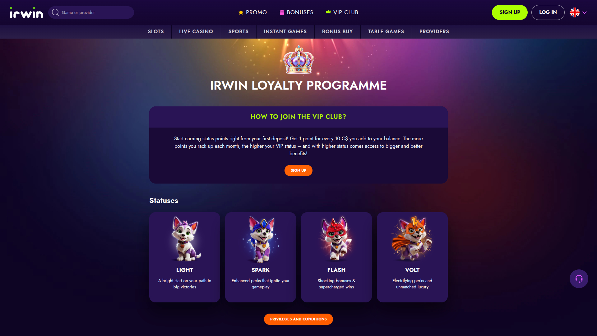 Programma VIP di Irwin Casino per Desktop