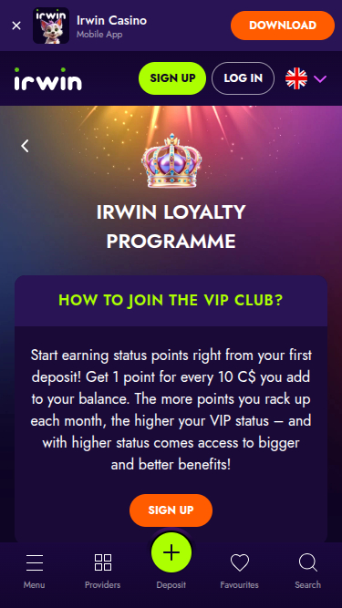 Programma VIP di Irwin Casino per Mobile