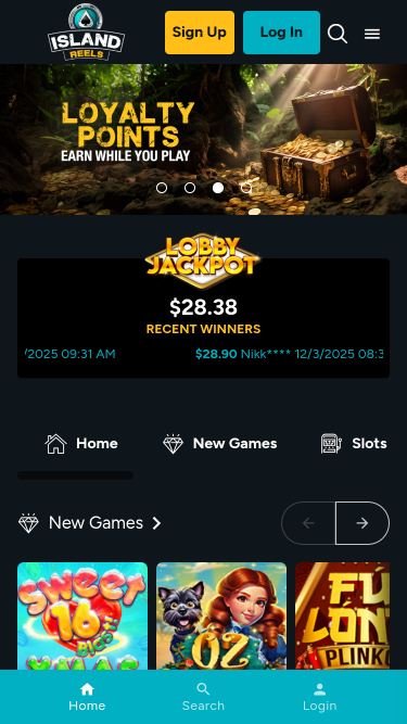 Homepage mobile di Island Reels Casino