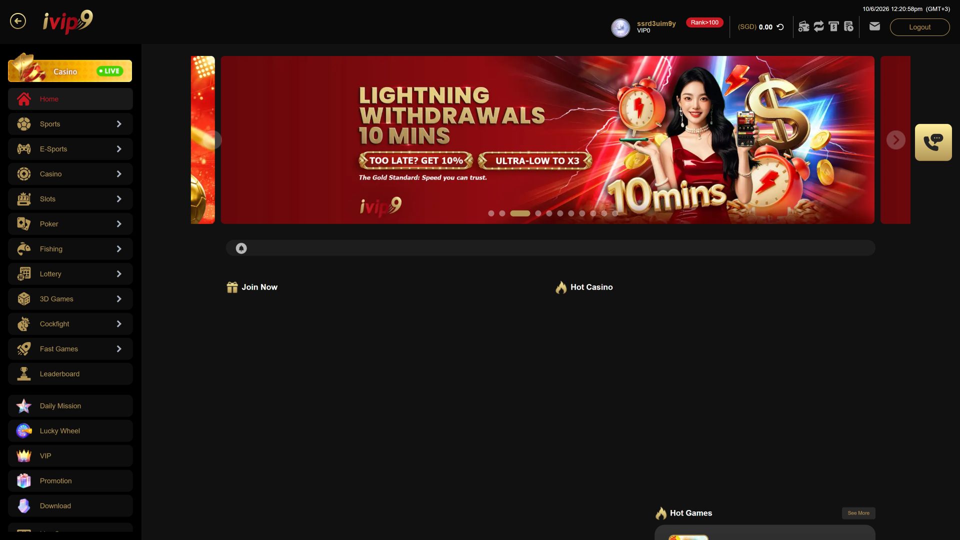 Pagina iniziale desktop di IVIP9 Casino
