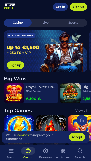 Мобильная версия сайта казино Ivybet