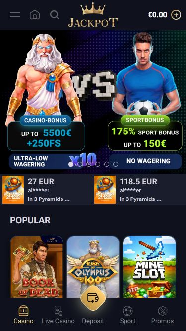 Page d'accueil mobile de Jack-Pot Casino