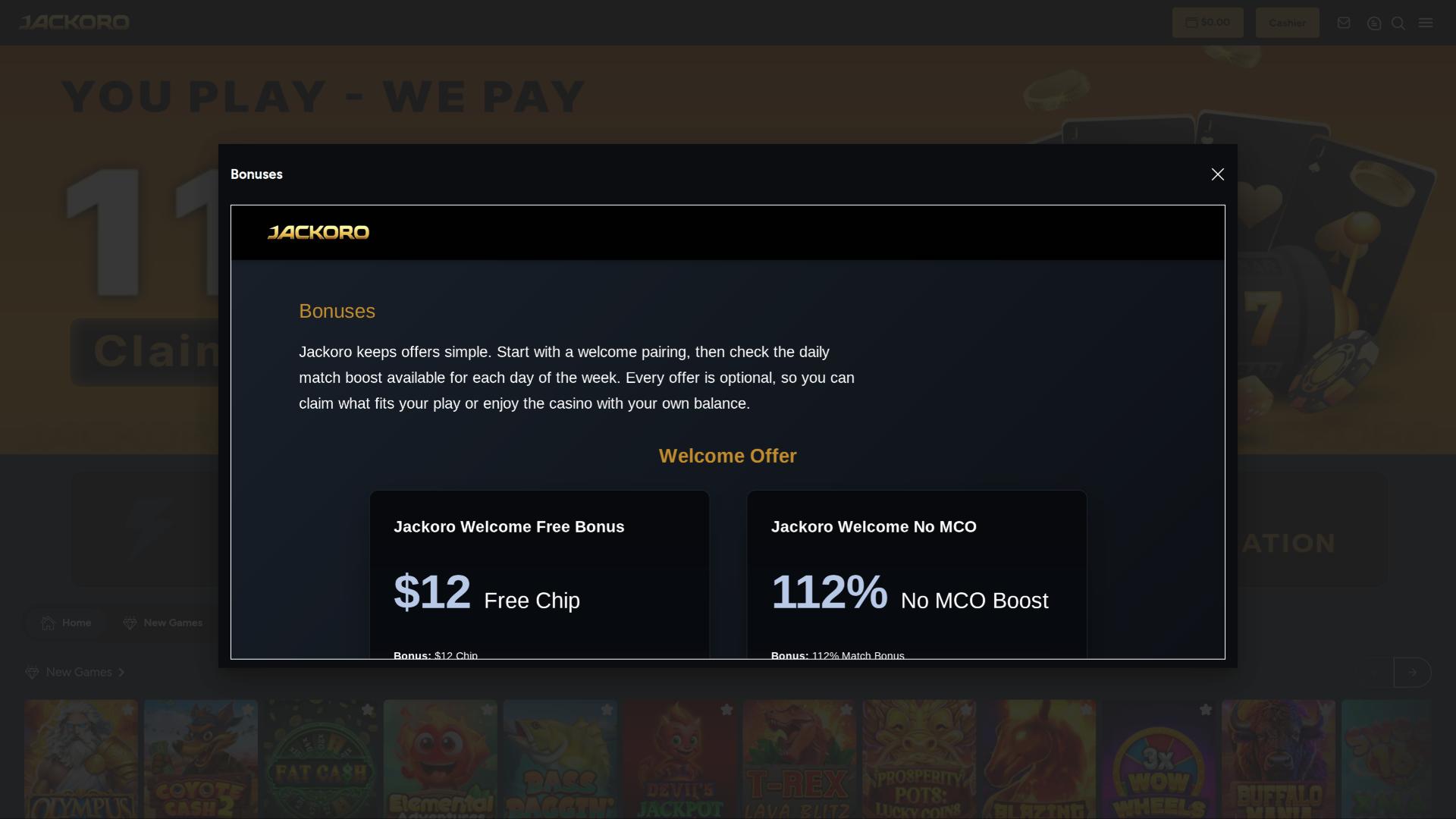 Page de promotions du casino Jackoro