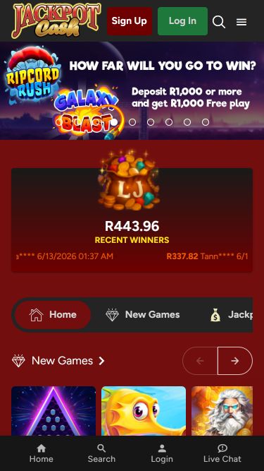 Page d'accueil mobile de Jackpot Cash Casino